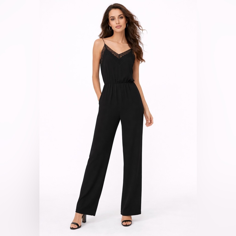 Maje Paulie Floral Lace-Trimmed Crepe Jumpsuit, black, size 3